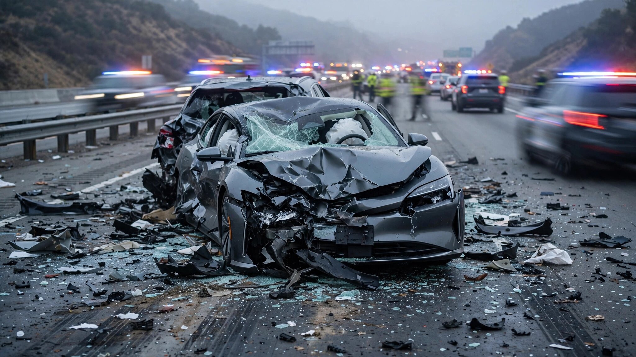 A crumpled electric sedan smashed into stopped traffic on a California highway with emergency lights in the background