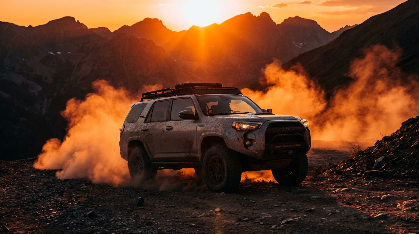 Toyota 4Runner driving on a dusty mountain trail at sunset