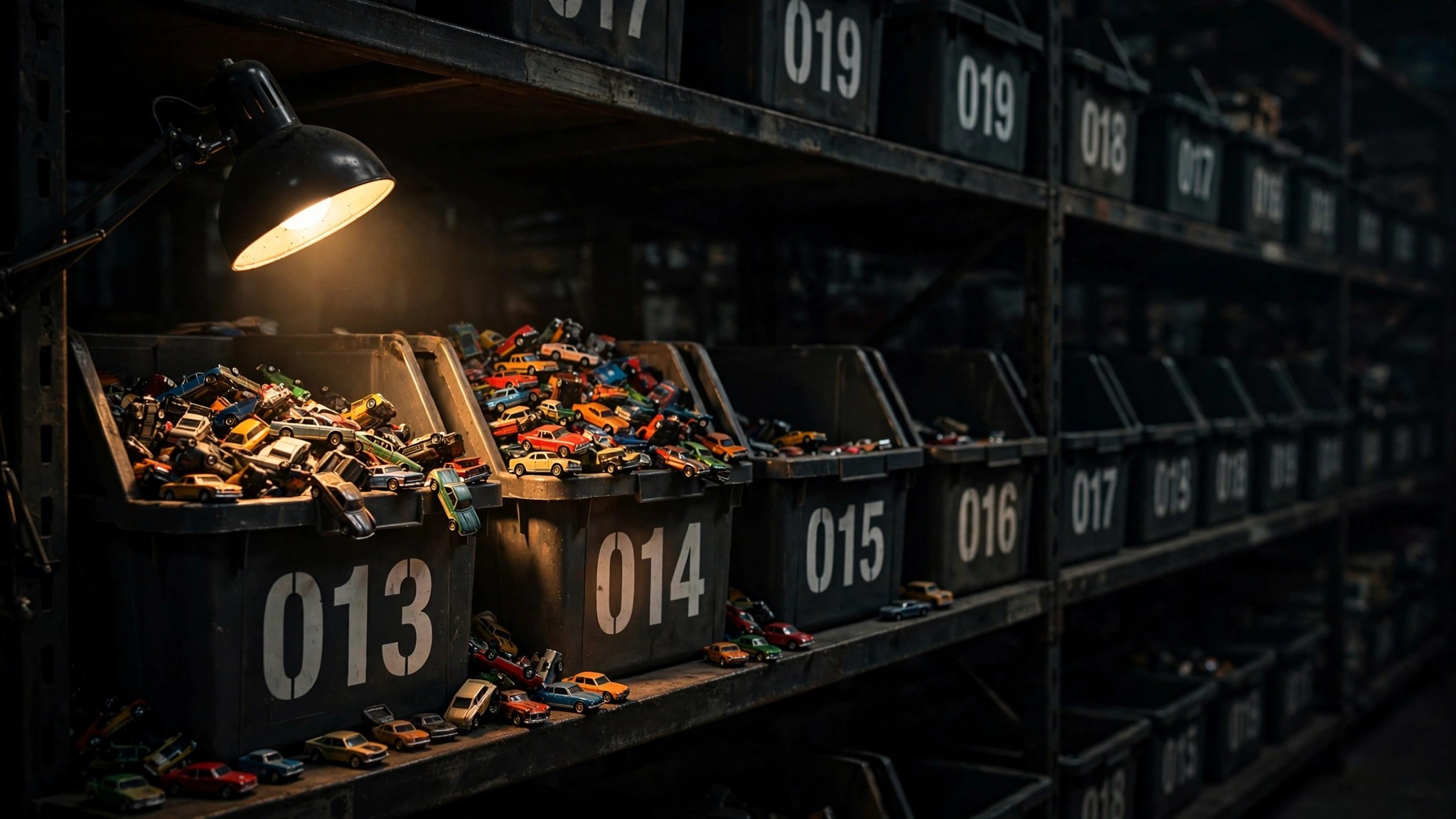 Warehouse bins stretching into darkness, each containing vehicle data