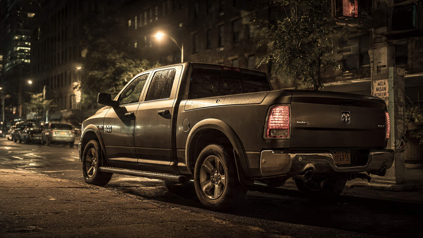 Ram 1500 truck illuminated by speed camera flash on NYC street