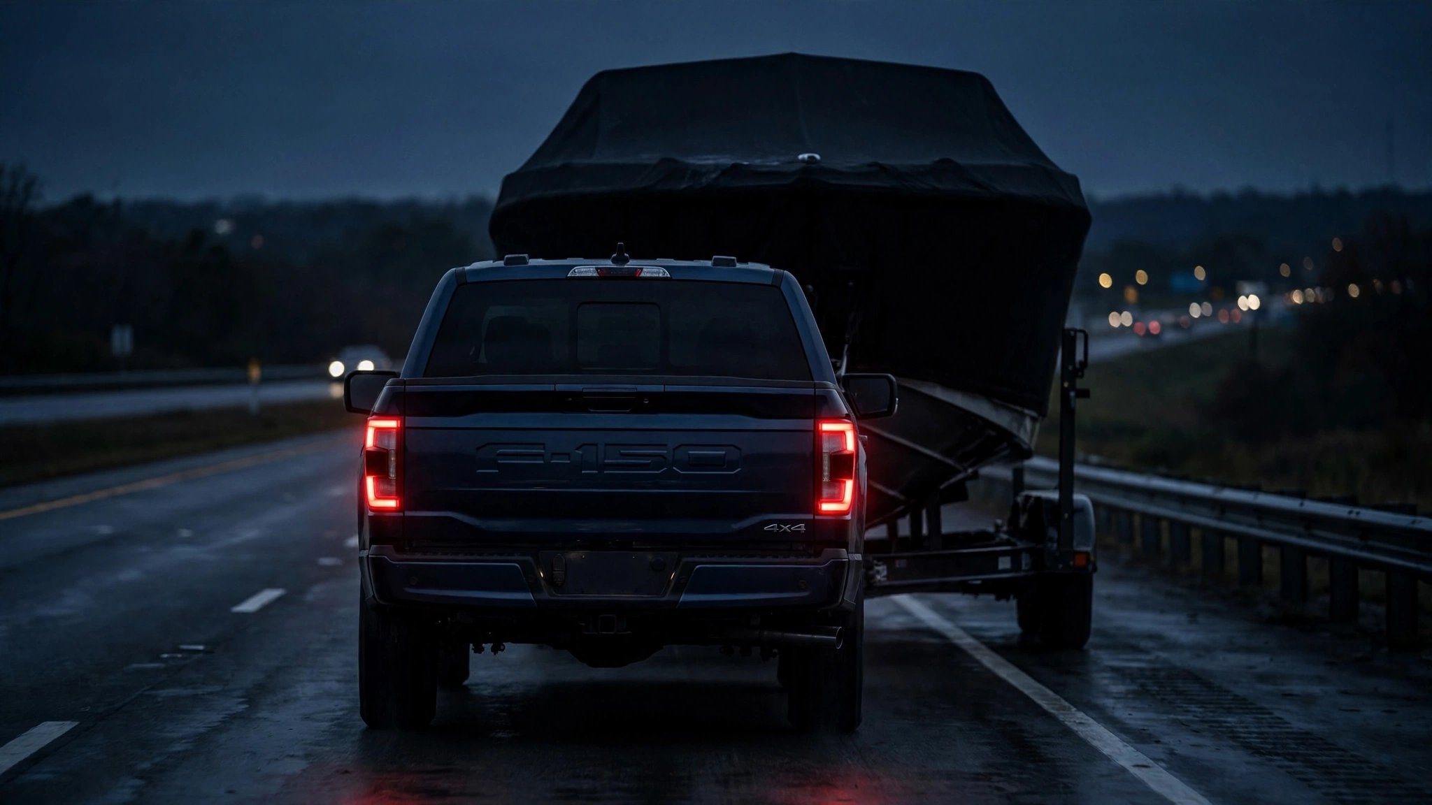 A Ford F-150 towing a covered boat on a trailer on a highway at dusk, red taillights glowing