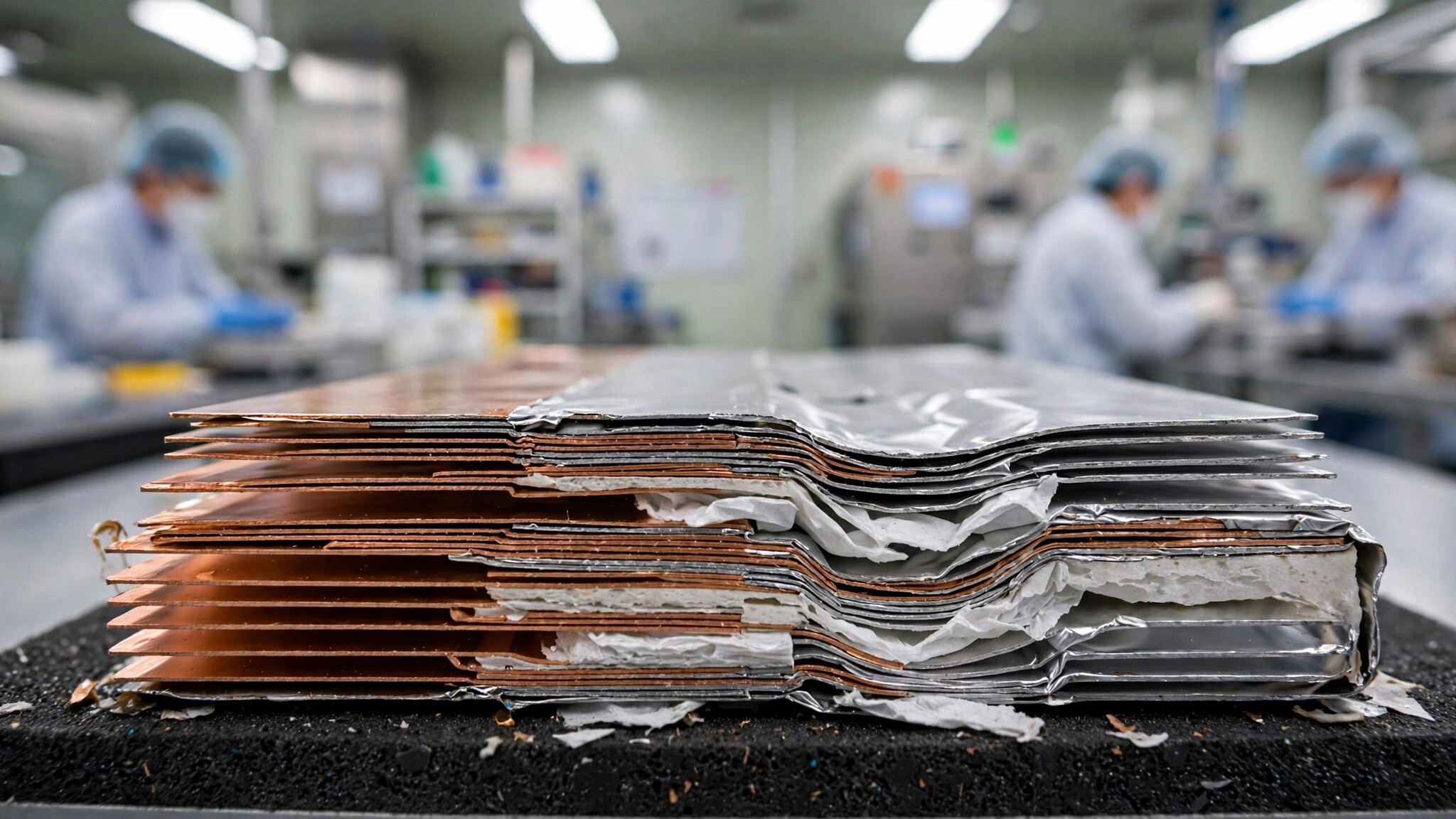 Stacked lithium-ion battery electrode foils, copper and aluminum layers with separator material, on a factory workbench with workers in cleanroom suits blurred in the background