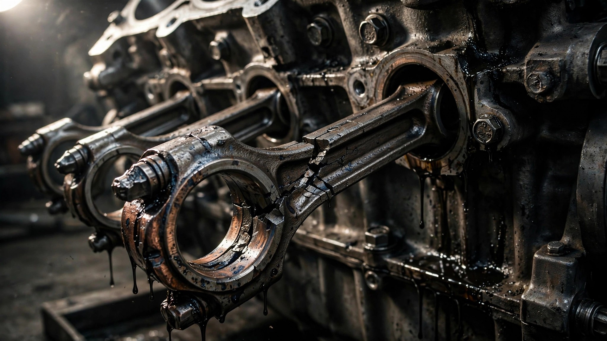 Honda V6 engine with a cracked connecting rod bearing, oil leaking