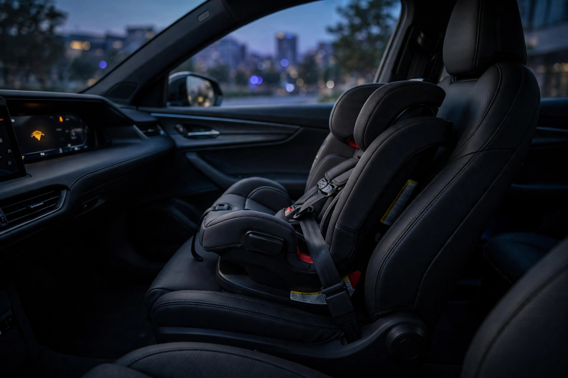 Front passenger seat of a Kia EV9 with the airbag warning area highlighted