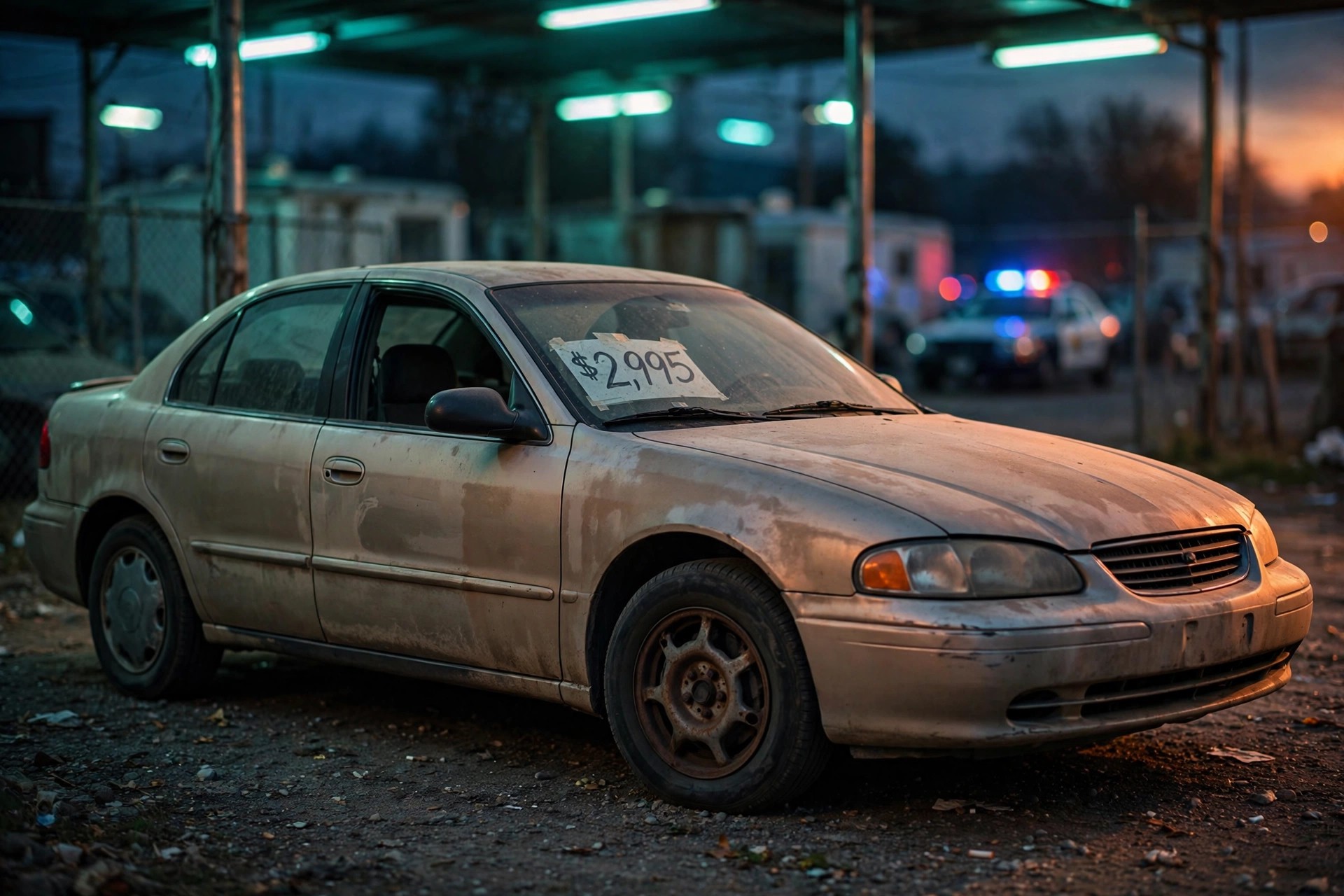 A worn early-2000s sedan with a $2,995 price sign on the windshield parked at a dim used-car lot at dusk, police lights flashing in the background