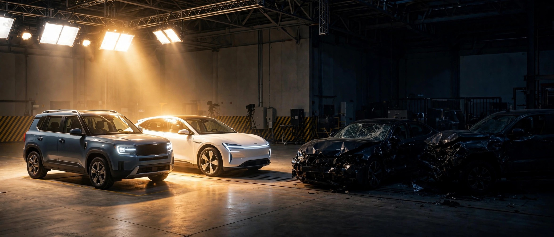 A crash test laboratory split between two pristine vehicles under bright spotlights and two wrecked sedans in shadow, illustrating how IIHS ratings and fatality data converged