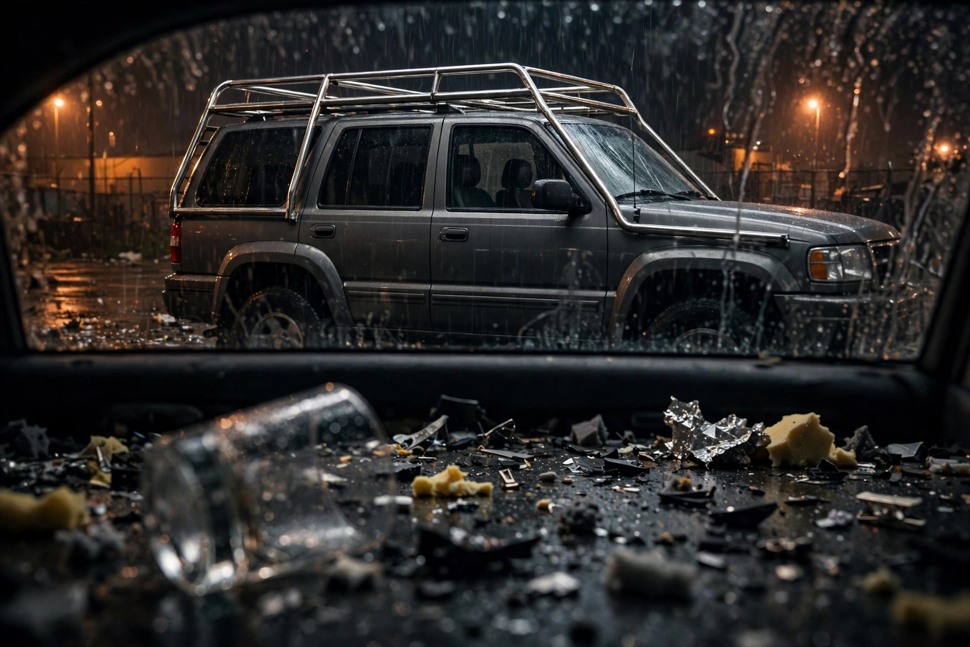 A boxy SUV with an intact safety cage under streetlights at night, an empty tumbler in the blurred foreground