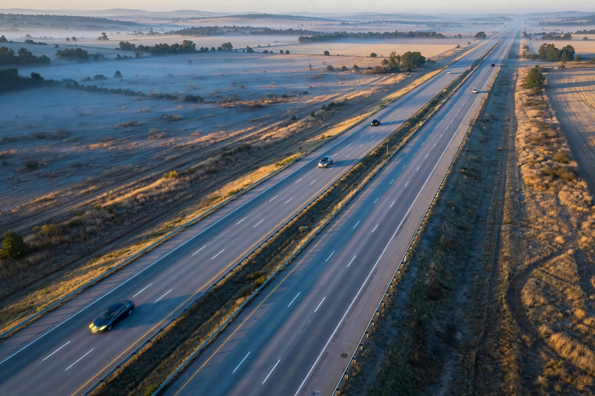 Aerial view of a nearly empty interstate highway at dawn, a few cars with headlights on under a pale gold and blue sky