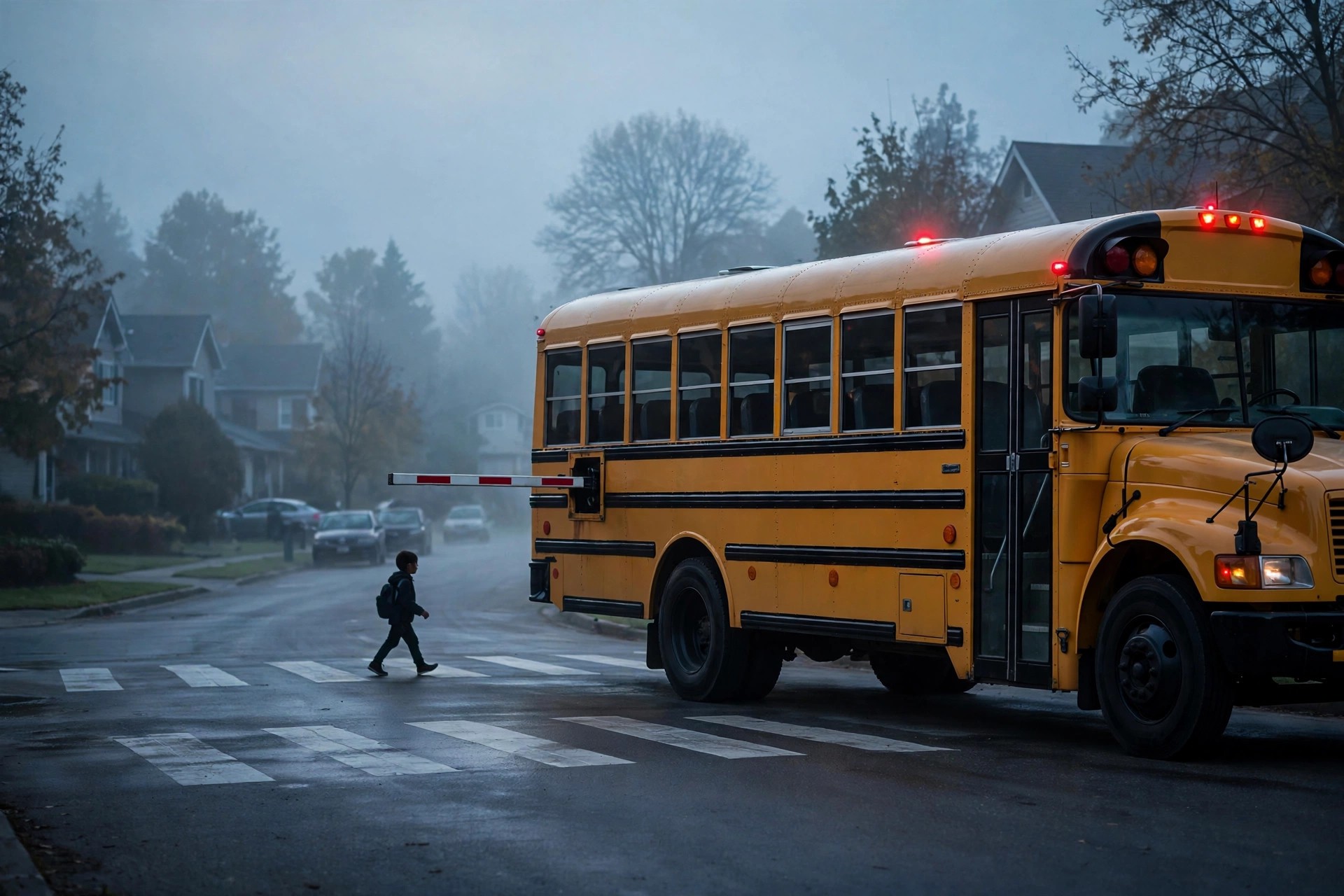 A yellow school bus with flashing red stop lights at dawn, a small child's silhouette crossing in front