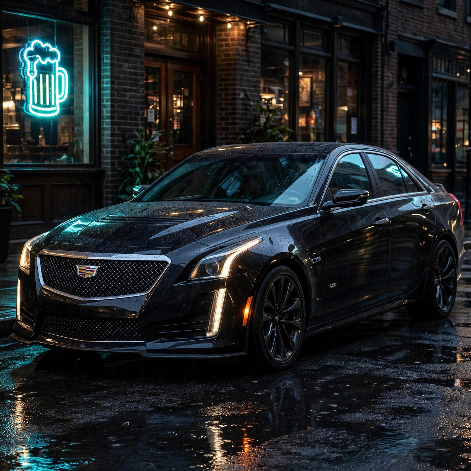 A Cadillac CTS parked outside a bar at night, neon sign glowing in the window behind it