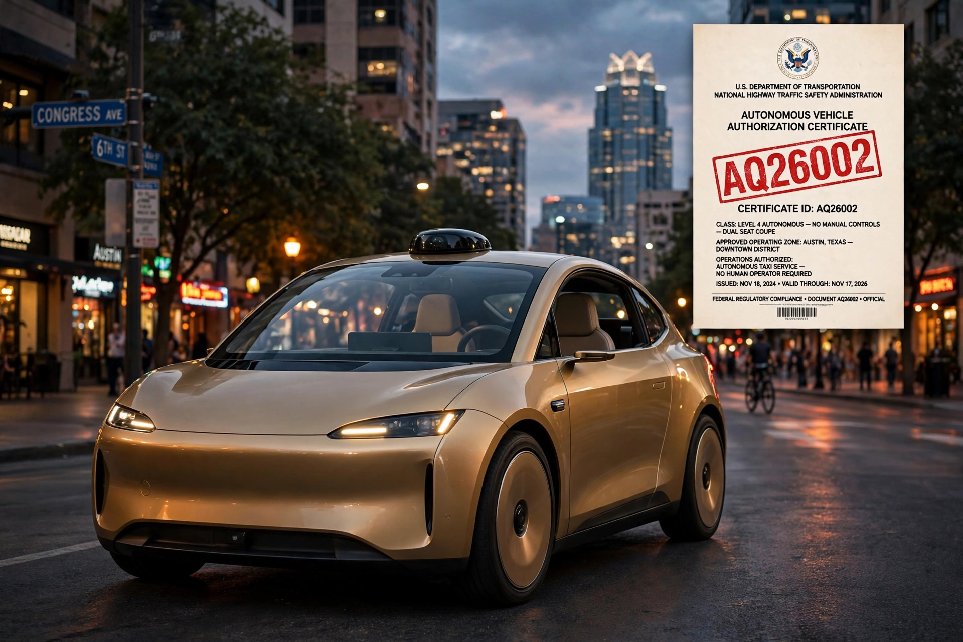 A gold Cybercab-style robotaxi with no steering wheel under a federal AQ26002 audit document