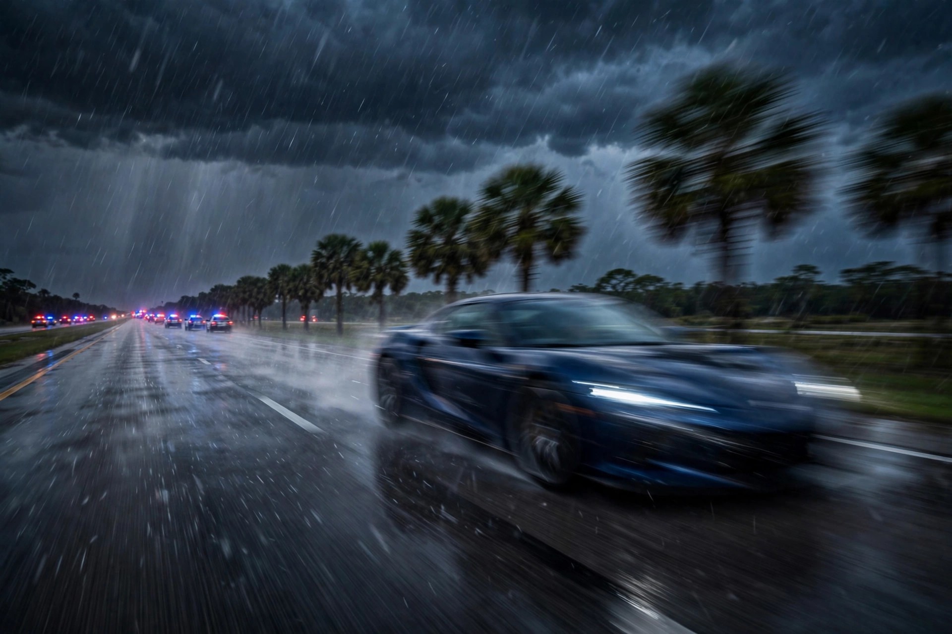 A sports car blurred by extreme speed on a Florida interstate at dusk, police lights flashing in the distance