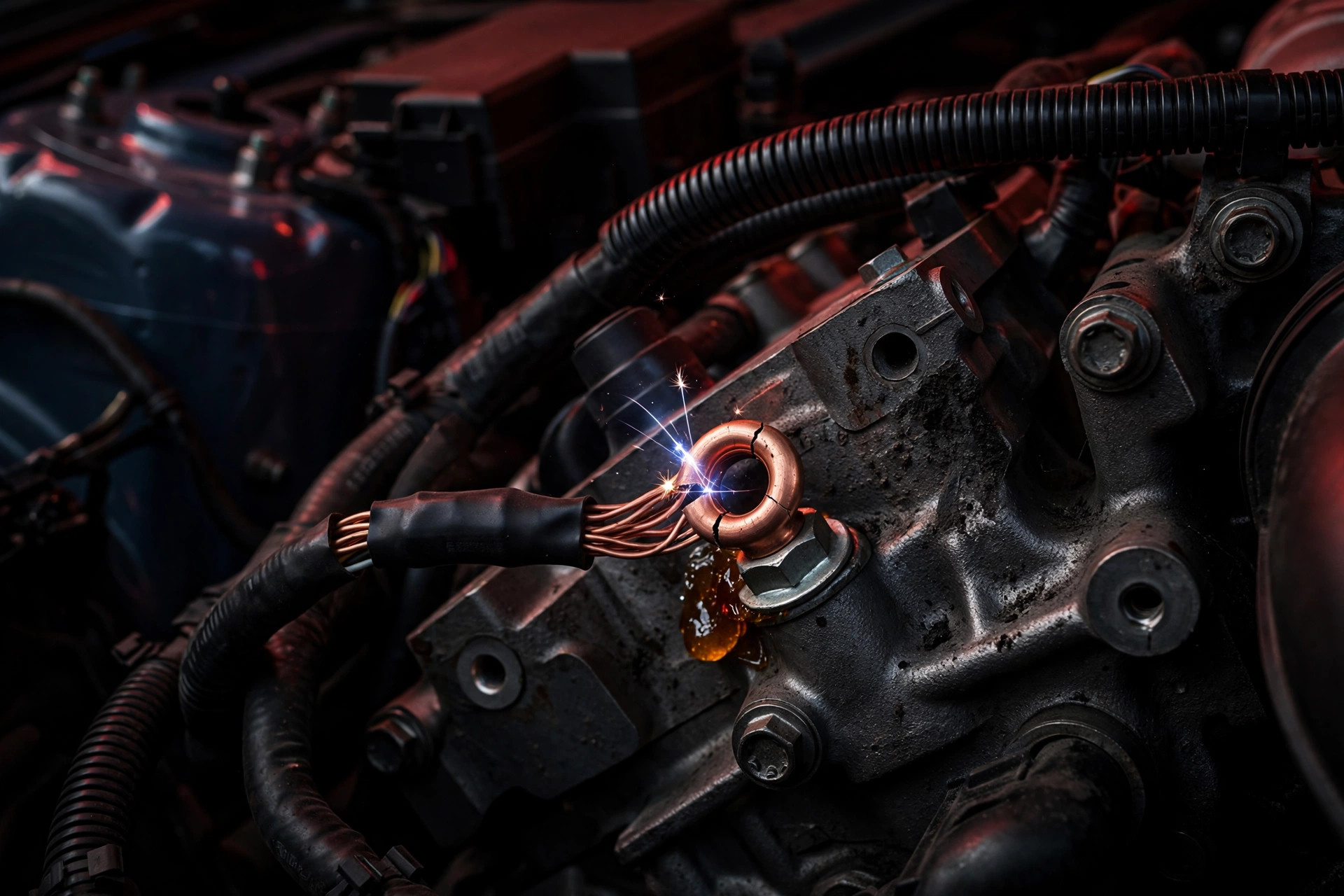 Close-up of a fractured wiring harness ground eyelet terminal in a Mustang engine bay