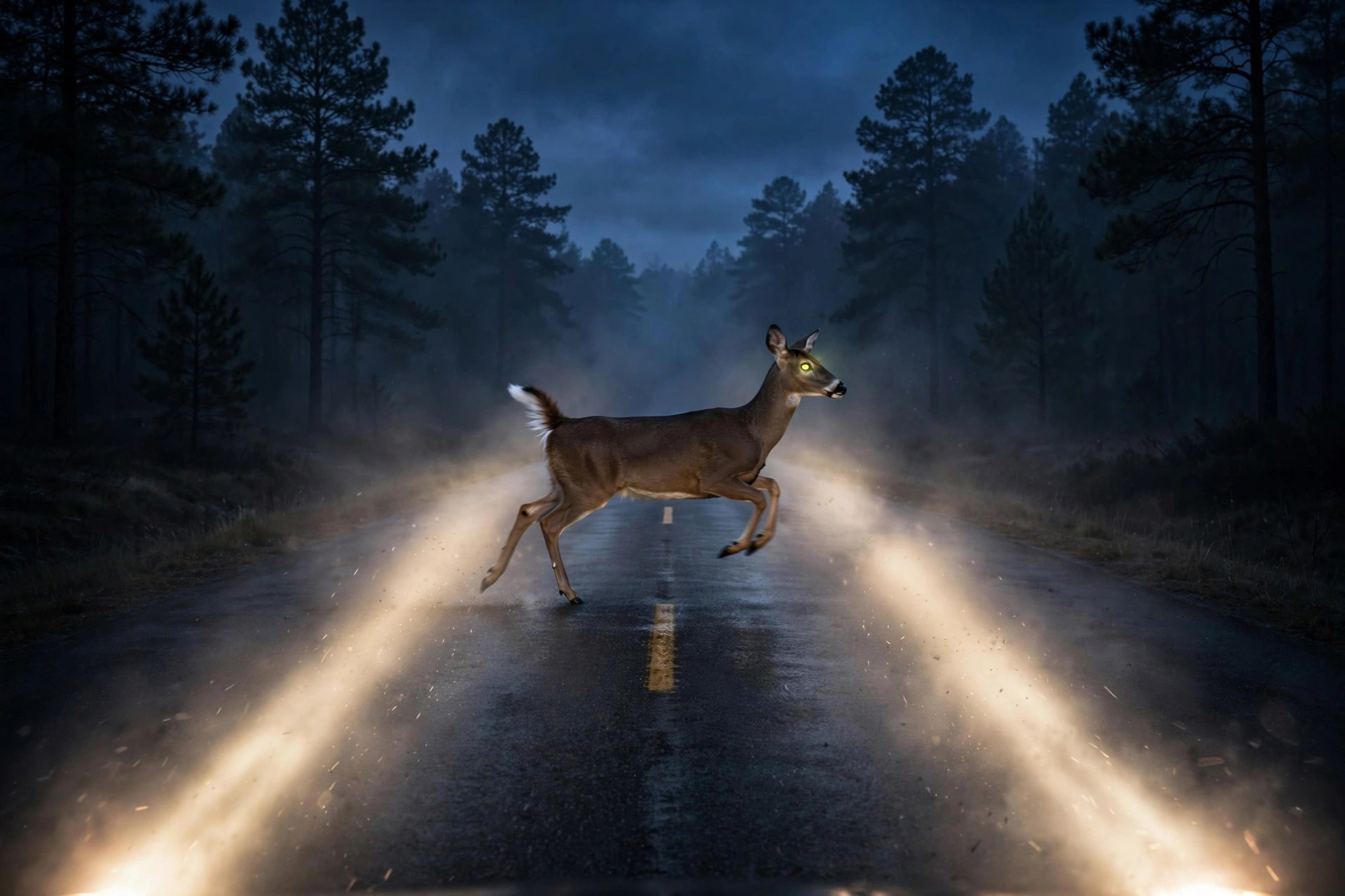 A deer frozen in car headlights on a dark rural road at dusk