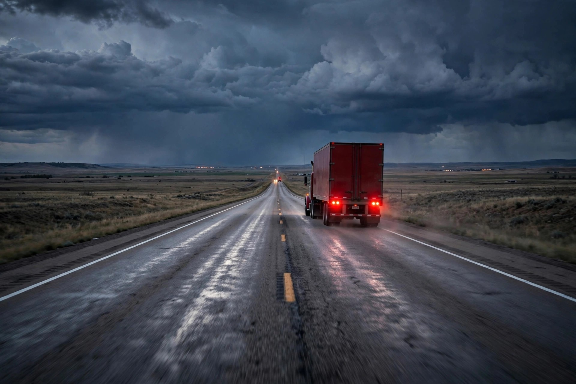 A semi truck at night with brake lights illuminated on an empty highway