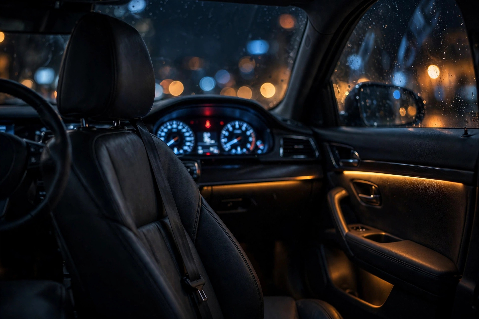 A car dashboard at night with an empty driver seat and a glowing instrument cluster