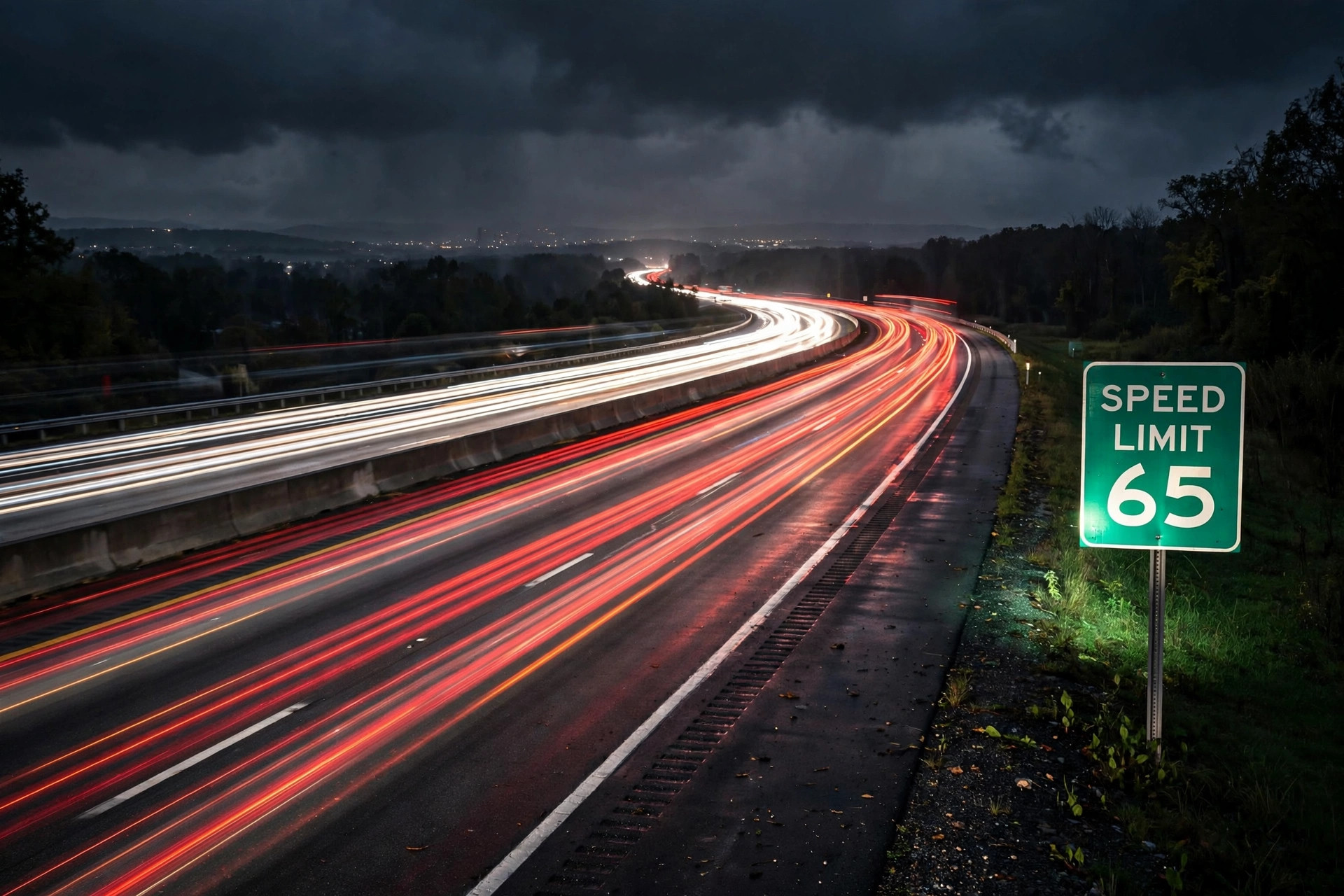 Night highway with light trails from speeding traffic