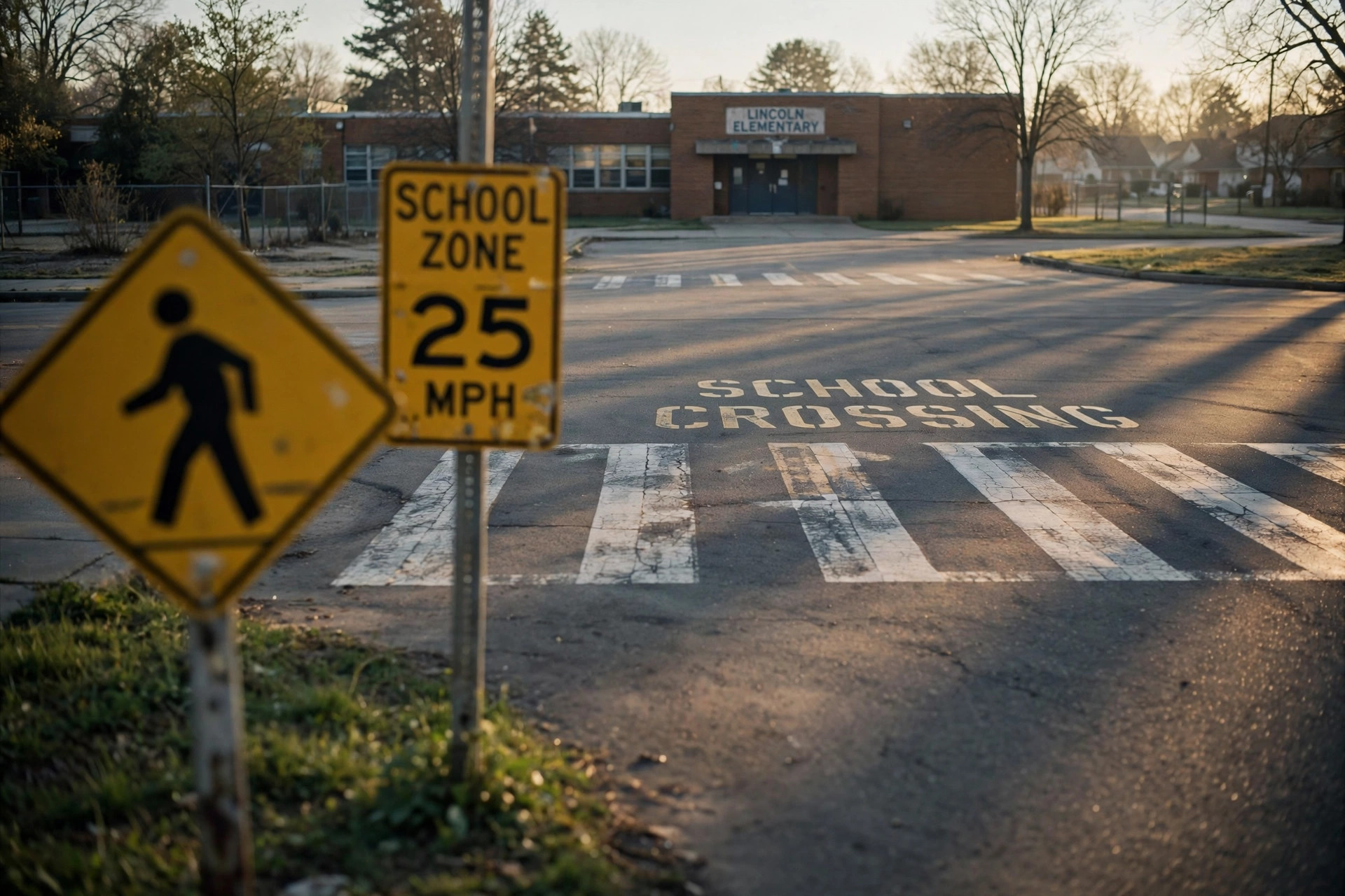 Empty school zone crosswalk at dawn with a 25 mph sign