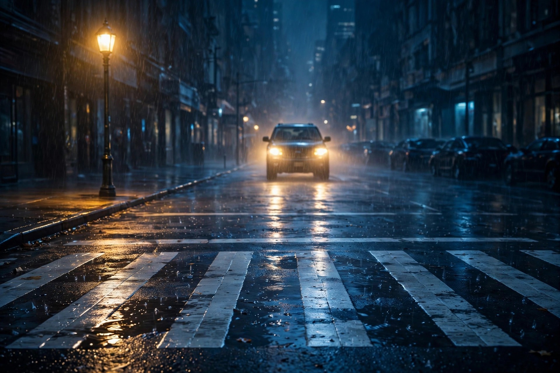 Nighttime city street with pedestrian crosswalk and approaching headlights