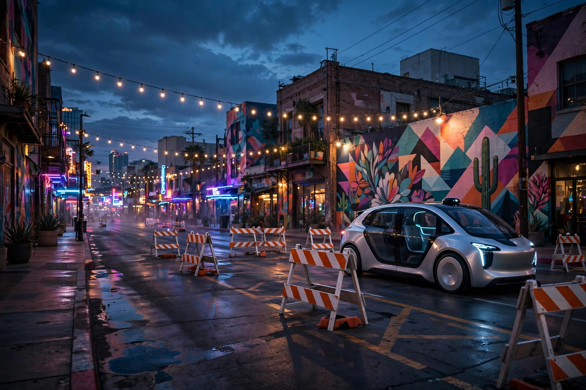 A driverless robotaxi among orange road-closed barricades at dusk in a neon-lit arts district