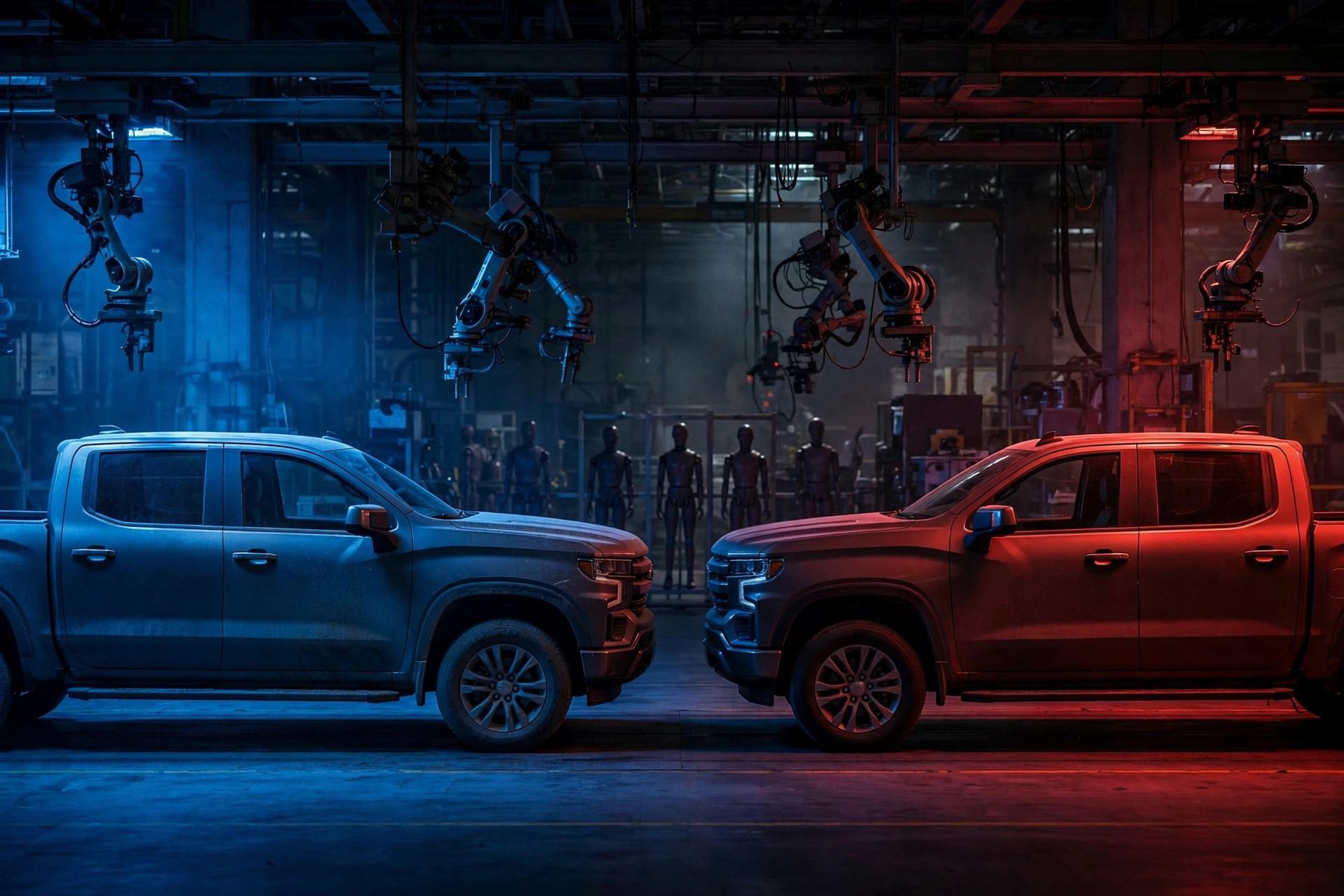 Two nearly identical pickup trucks on a factory assembly line, one in blue light and one in red, like a forensic split-screen