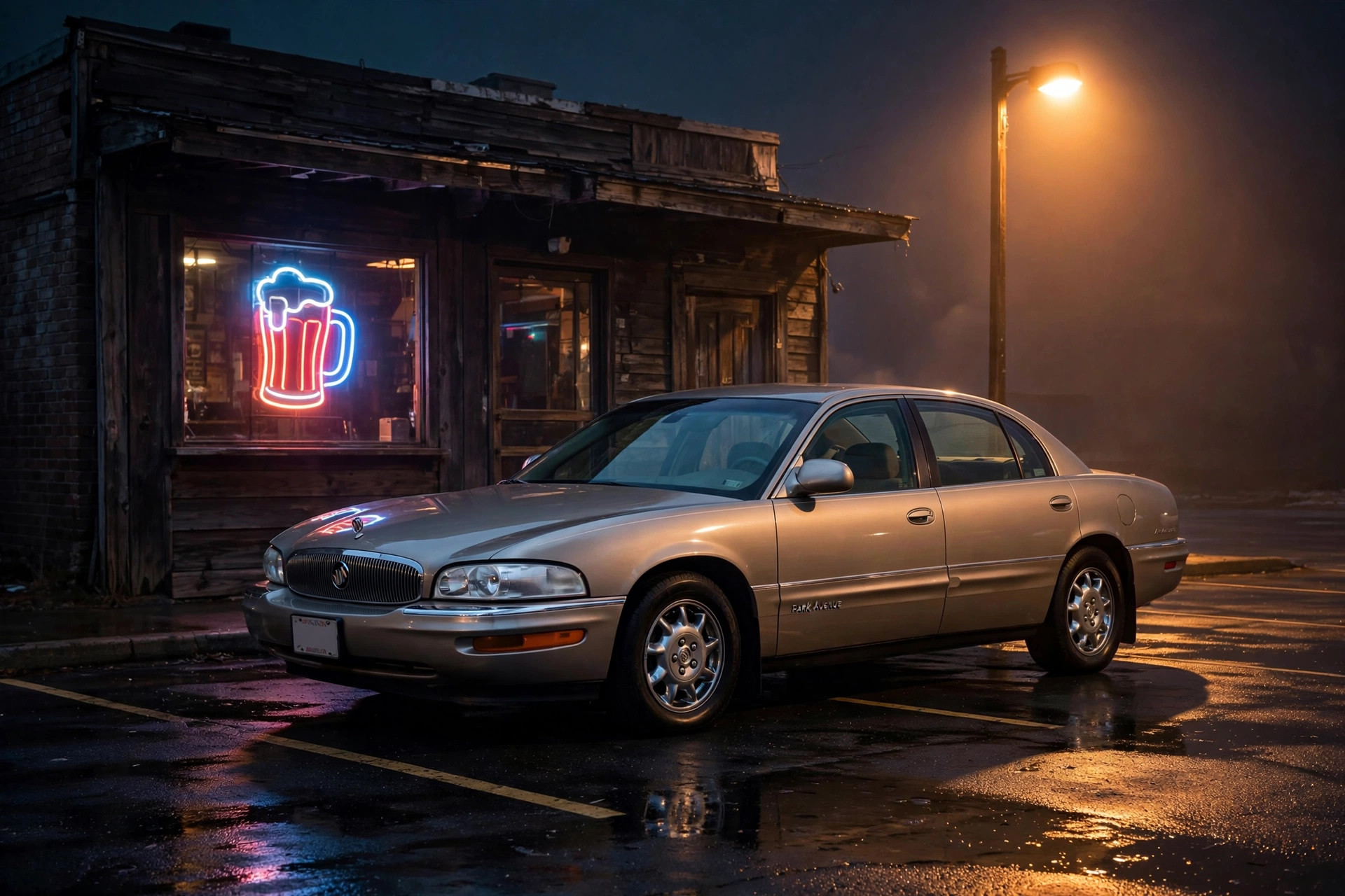 A beige early-2000s Buick Park Avenue sedan parked outside a dive bar at night, neon sign glowing in the window