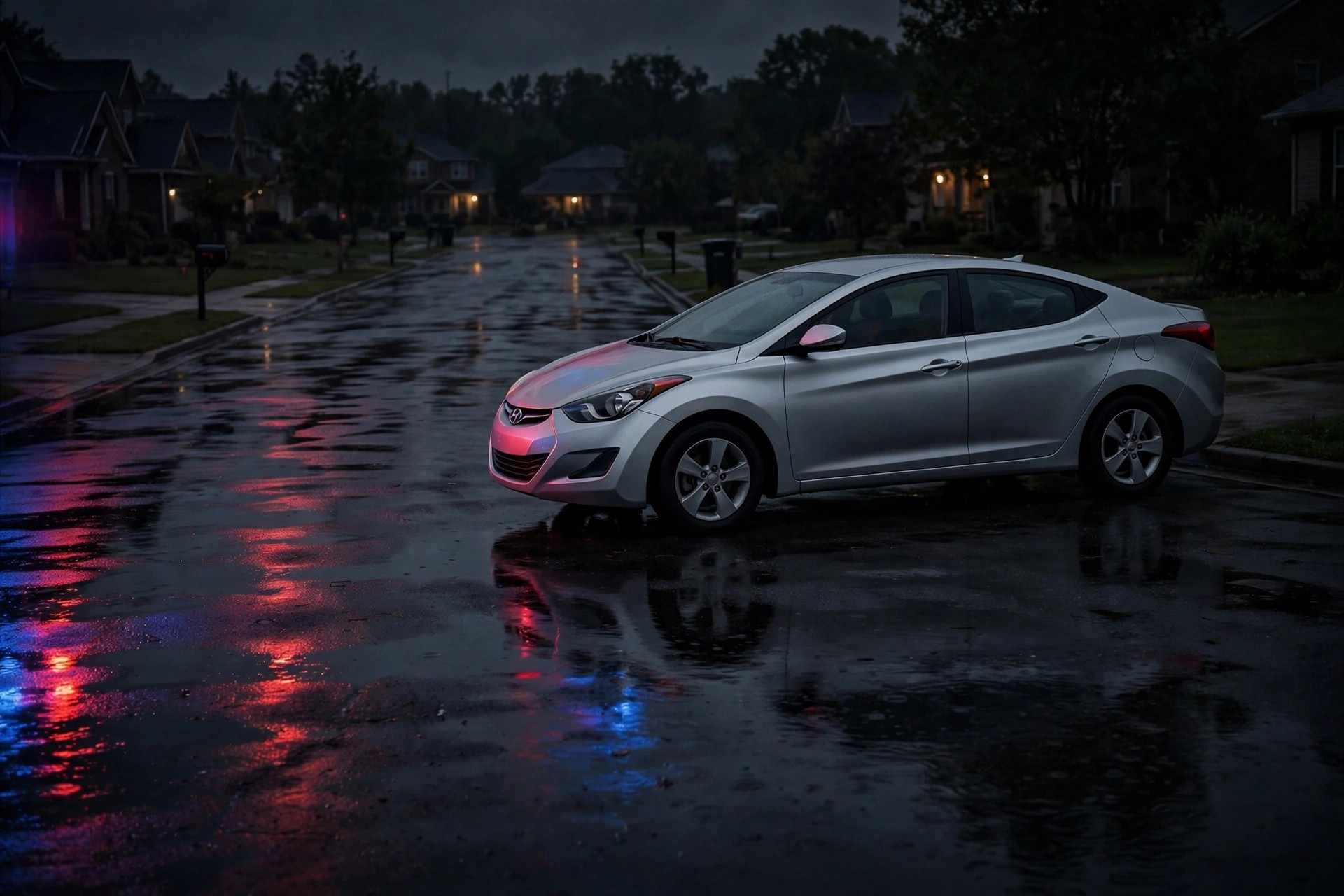 A silver early-2010s compact sedan parked alone on a dark suburban street at night, faint police light glow on the hood