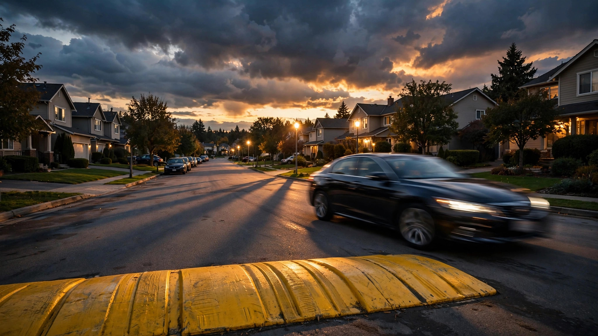 A suburban street at dusk with a yellow speed hump, a sedan passing with motion blur under glowing streetlights