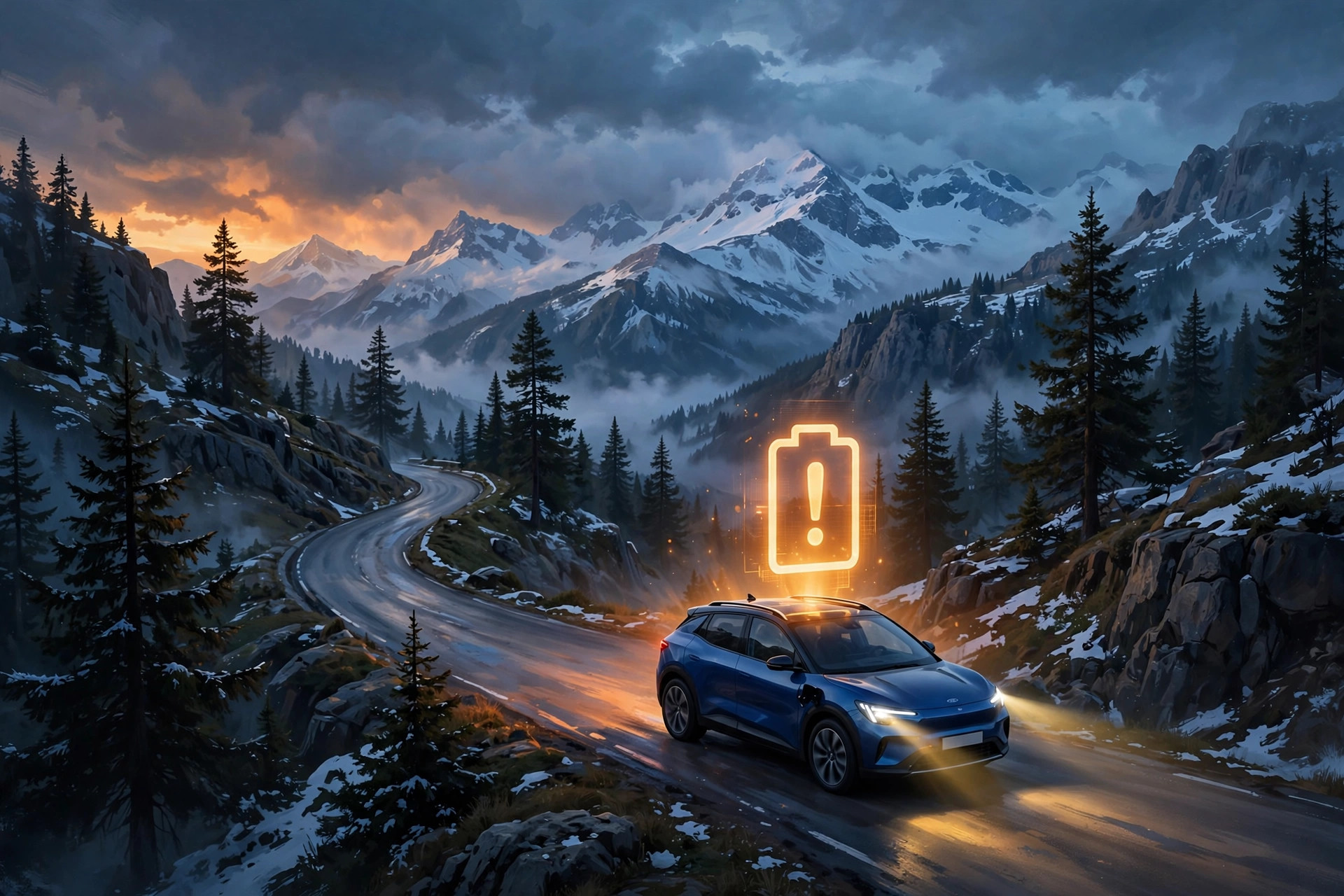 A blue electric SUV descending a mountain road at dusk with an amber battery warning glow