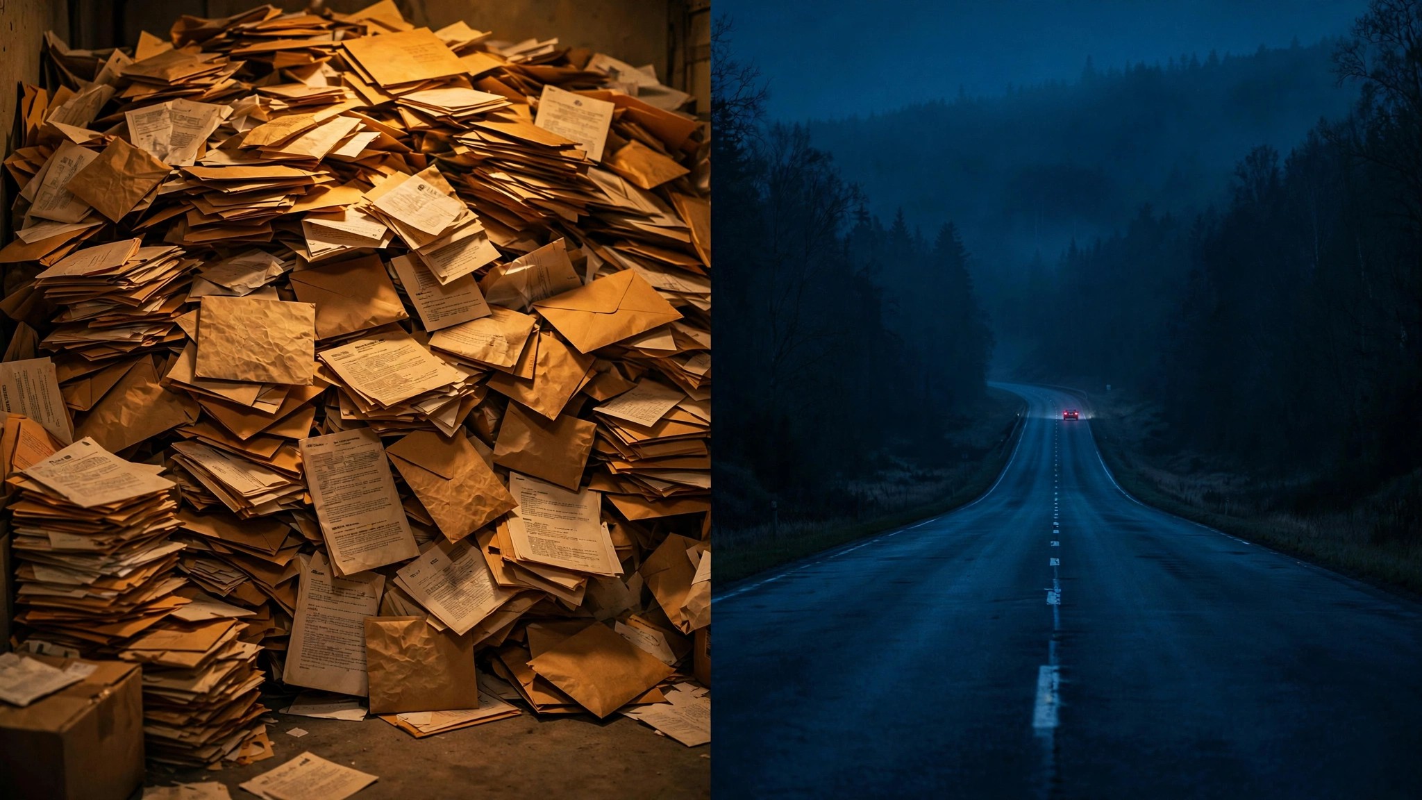 Split image showing a pile of recall notices on one side and an empty highway at night on the other