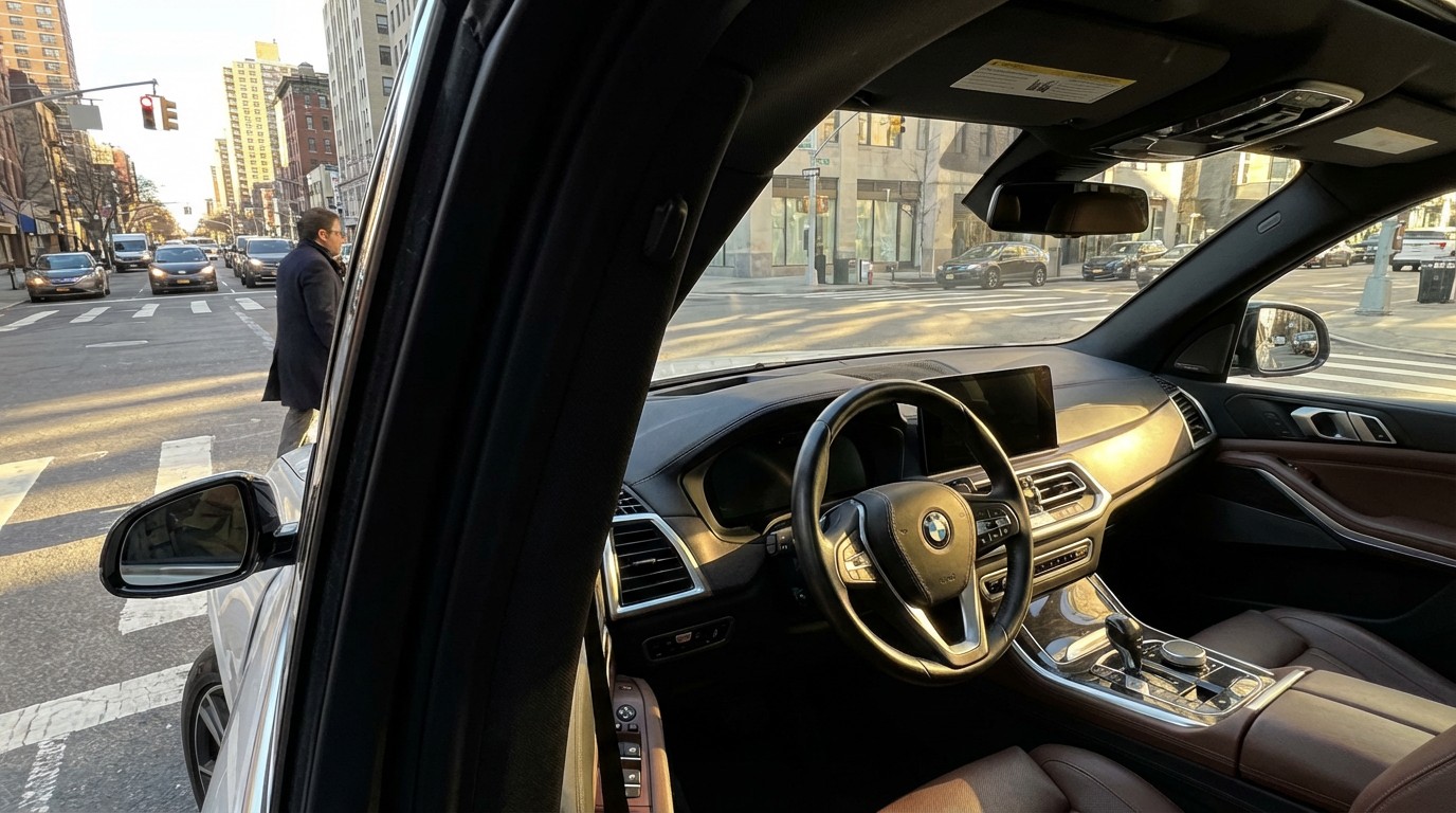 View from inside a car showing a thick A-pillar obscuring a pedestrian in a crosswalk during a left turn