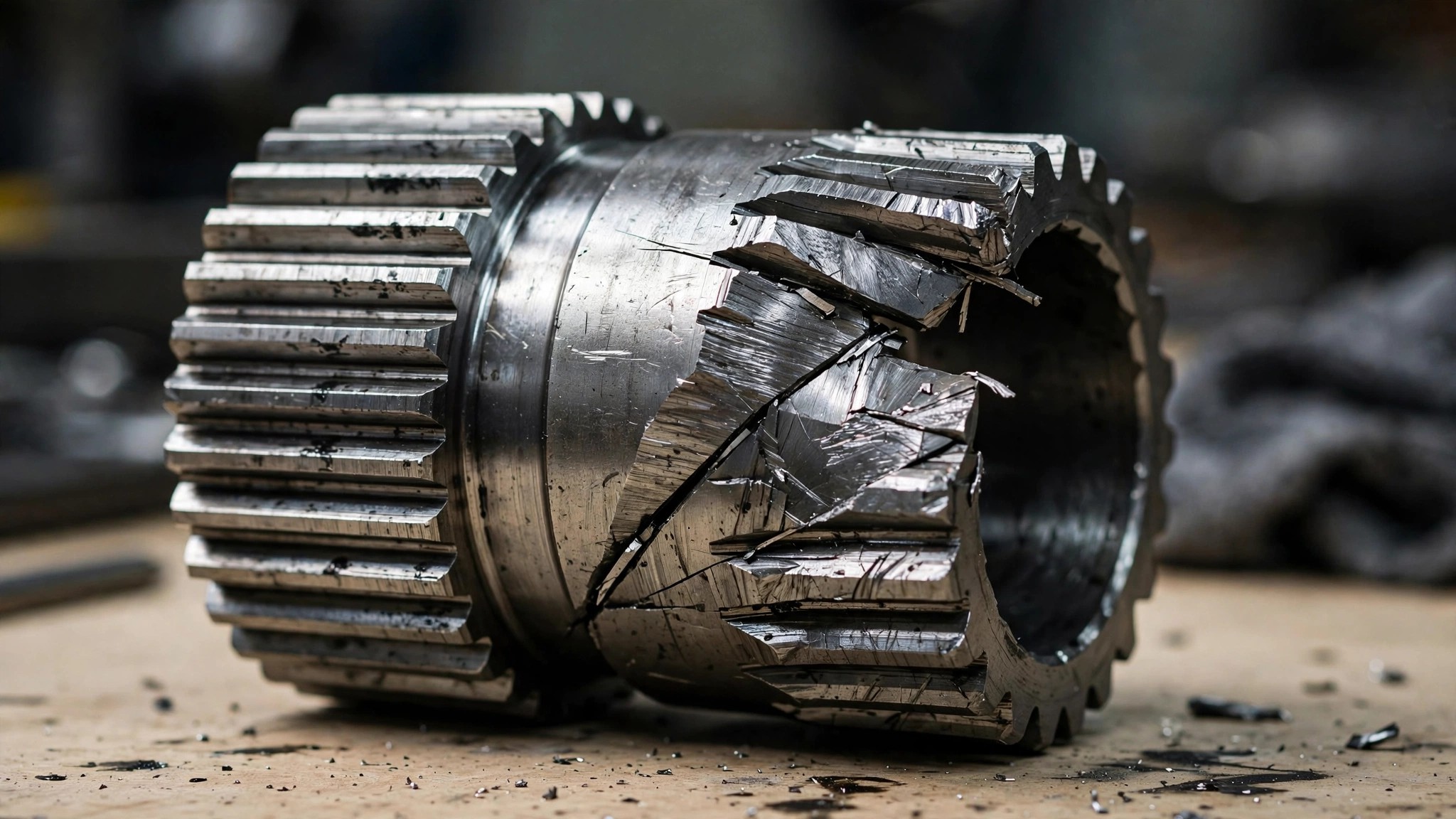 Close-up of a fractured drivetrain spline coupling