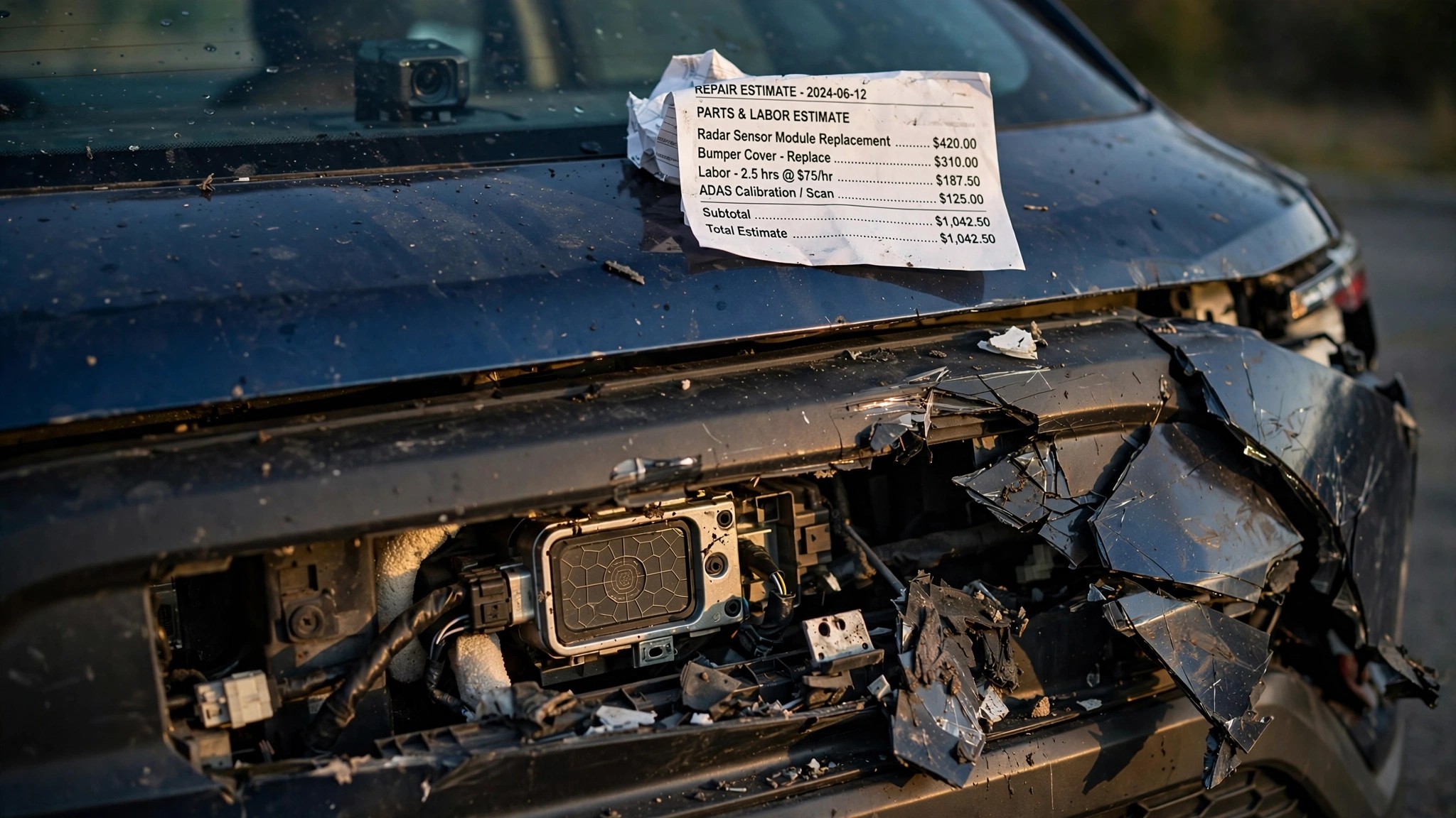 Crash avoidance sensors on a modern vehicle bumper, partially damaged after a collision