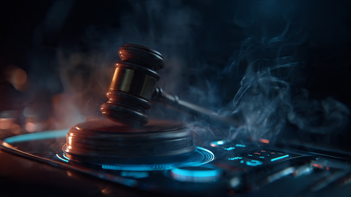 Courtroom gavel striking a car dashboard with AEB radar sensors