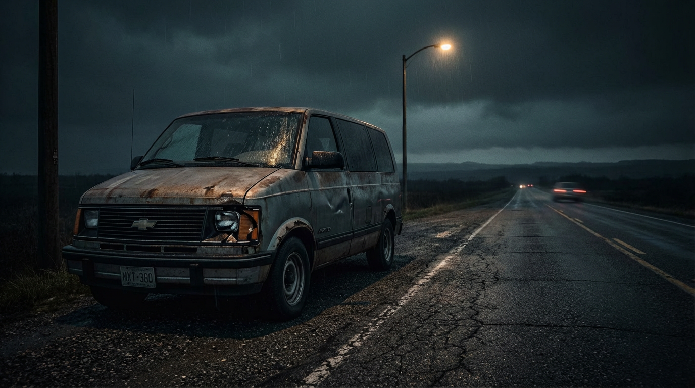 Beat-up Chevy Astro Van on a dark highway at night