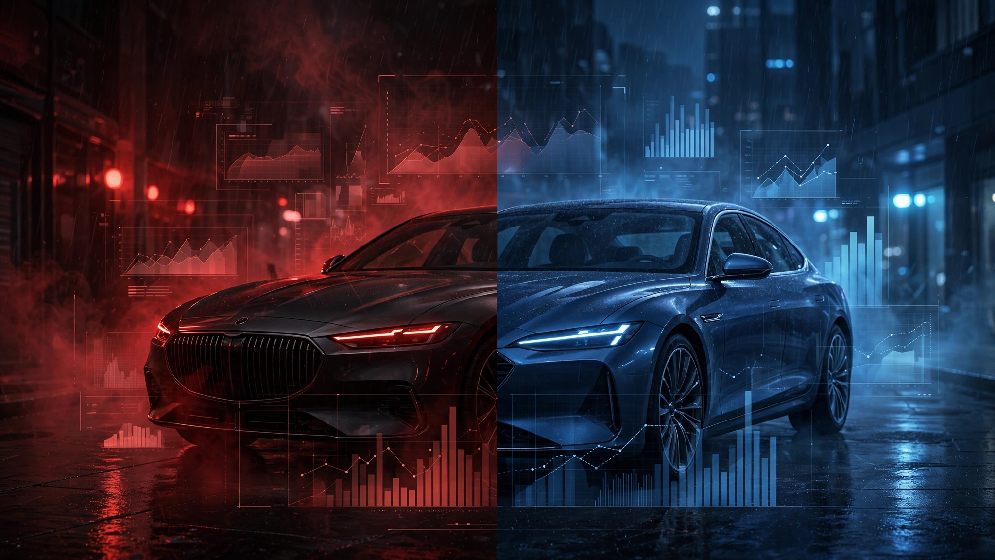 BMW sedan alongside competitors with fatality rate comparison overlay