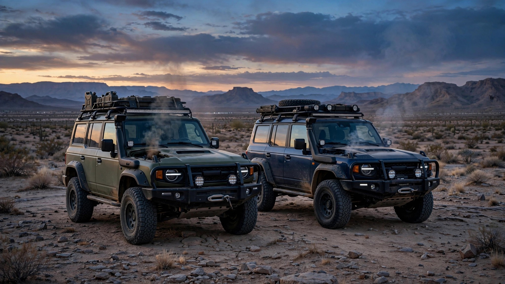 Two body-on-frame off-road SUVs parked side by side in a desert landscape with faint smoke wisps rising from their engine bays