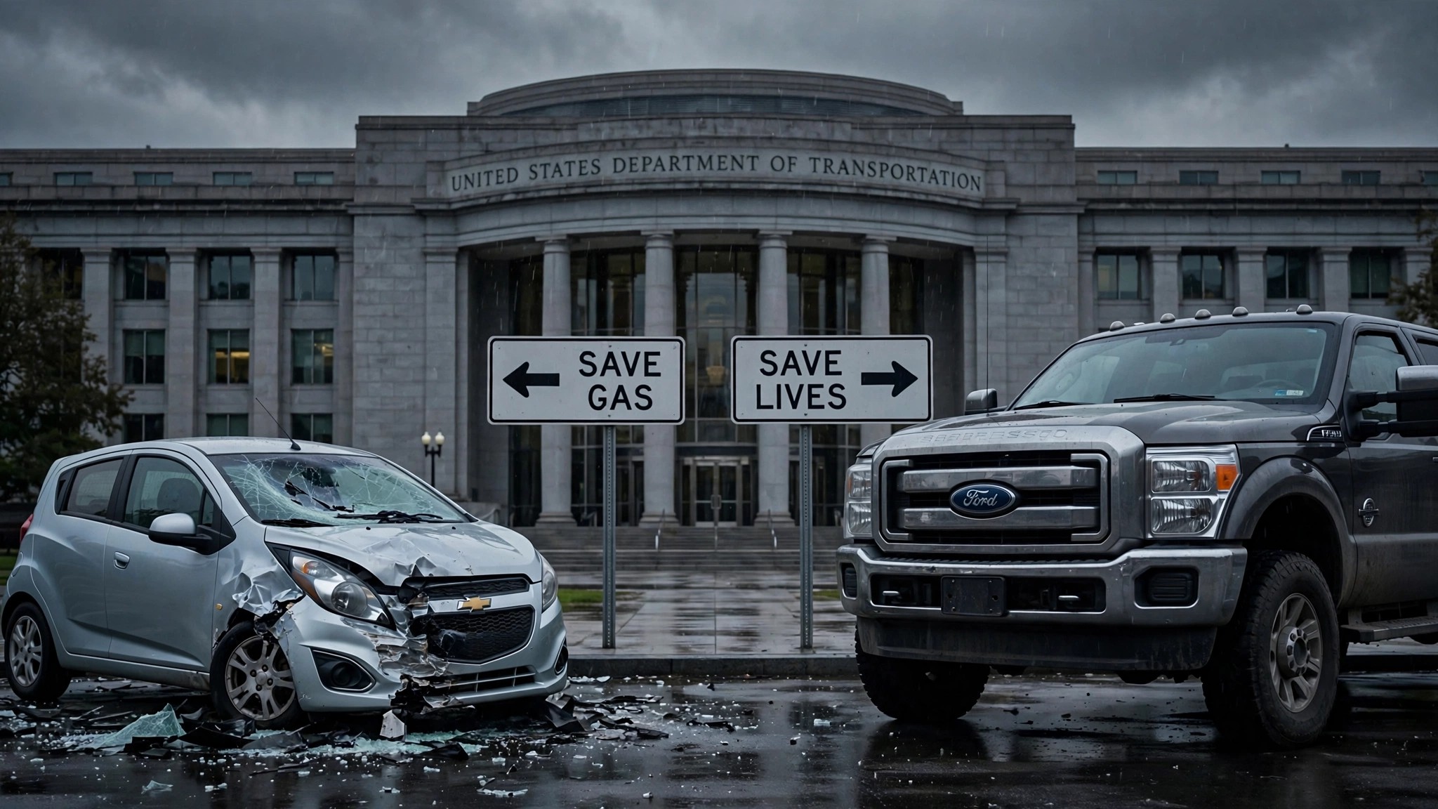 A small sedan vs a massive truck illustrating the CAFE weight-safety paradox