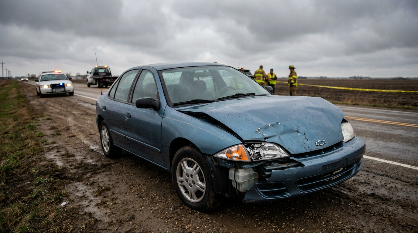 Wrecked blue Chevrolet Cavalier sedan at roadside