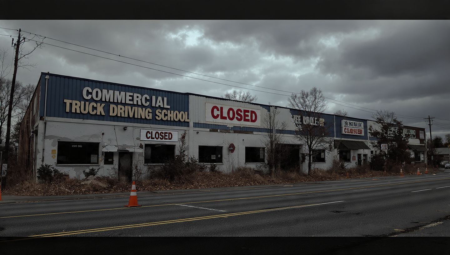 Abandoned commercial driving school buildings with faded signage and closed notices