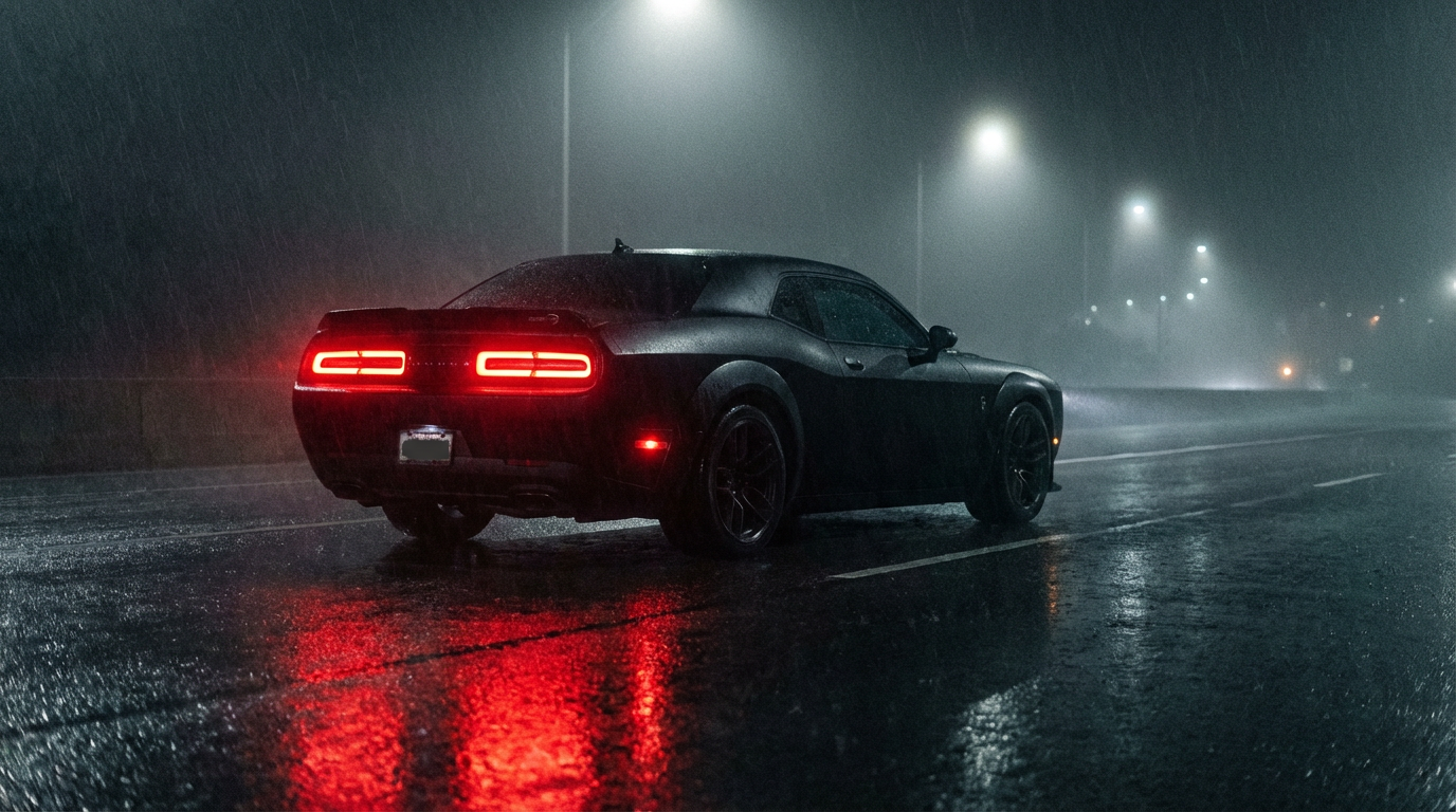 A menacing black Dodge Challenger on a wet highway at night
