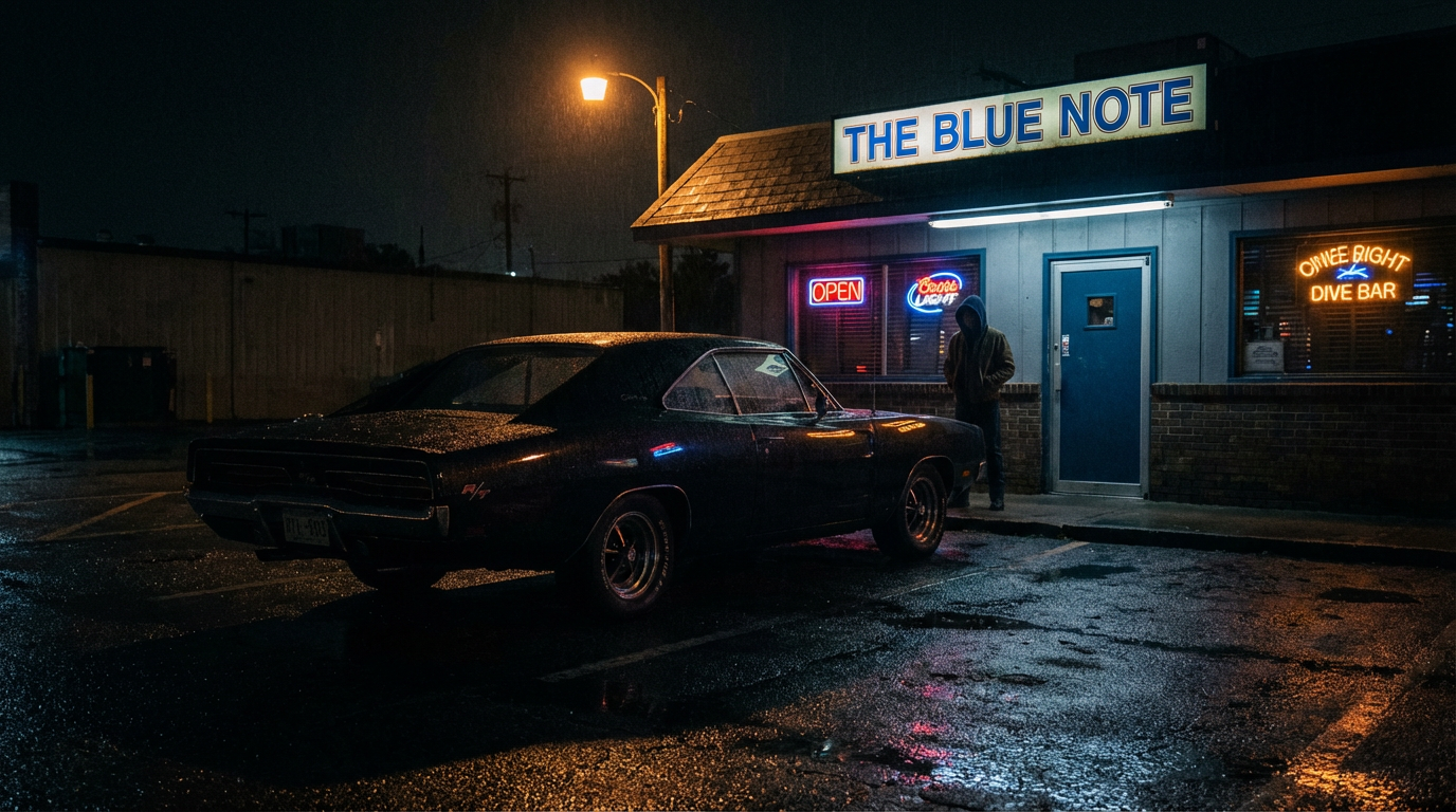 Dodge Charger parked at a bar at night with neon reflections