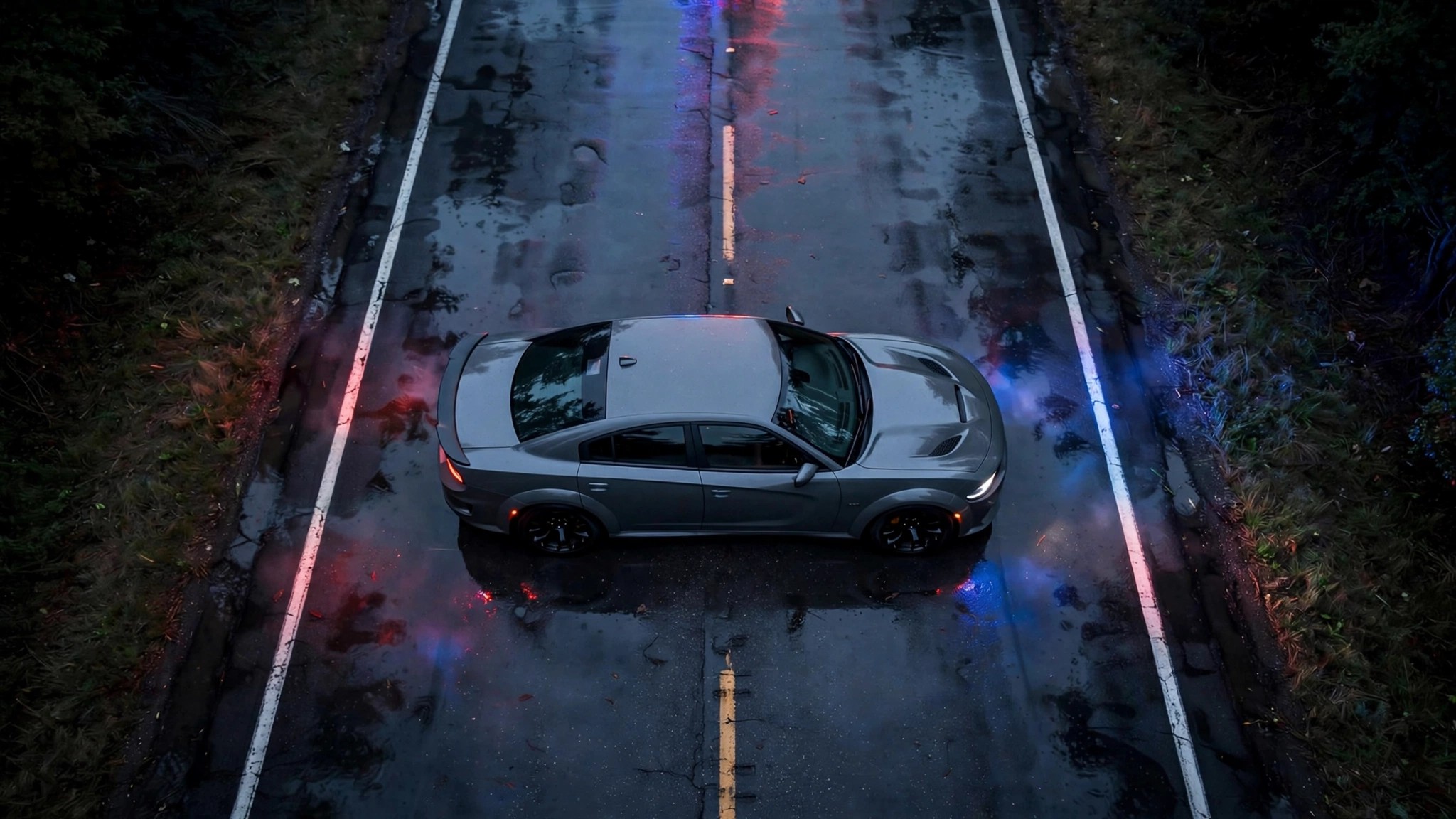 A Dodge Charger HEMI on a dark wet road with emergency light reflections