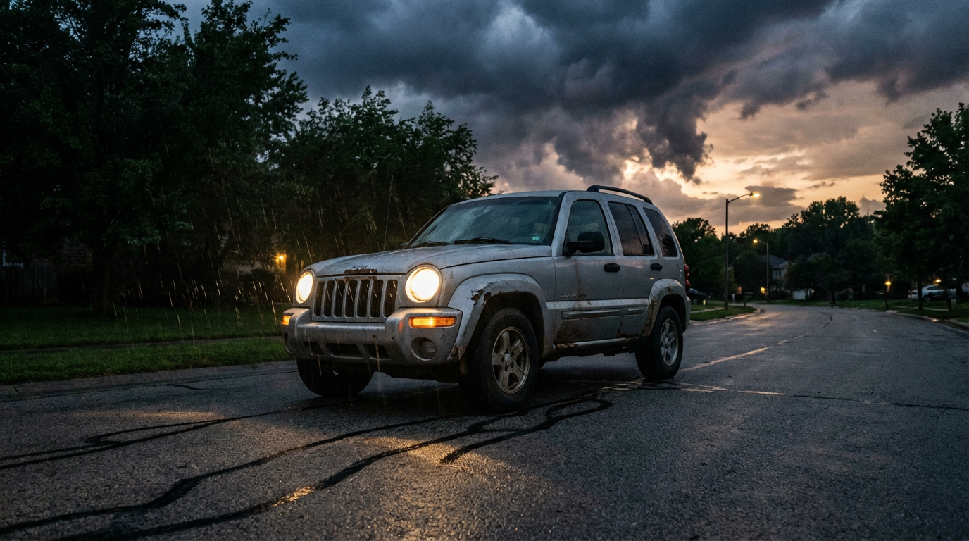 Jeep Cherokee driving on a dark road at dusk
