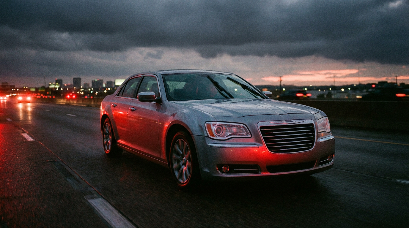 Silver Chrysler 300 sedan on a dark highway at dusk