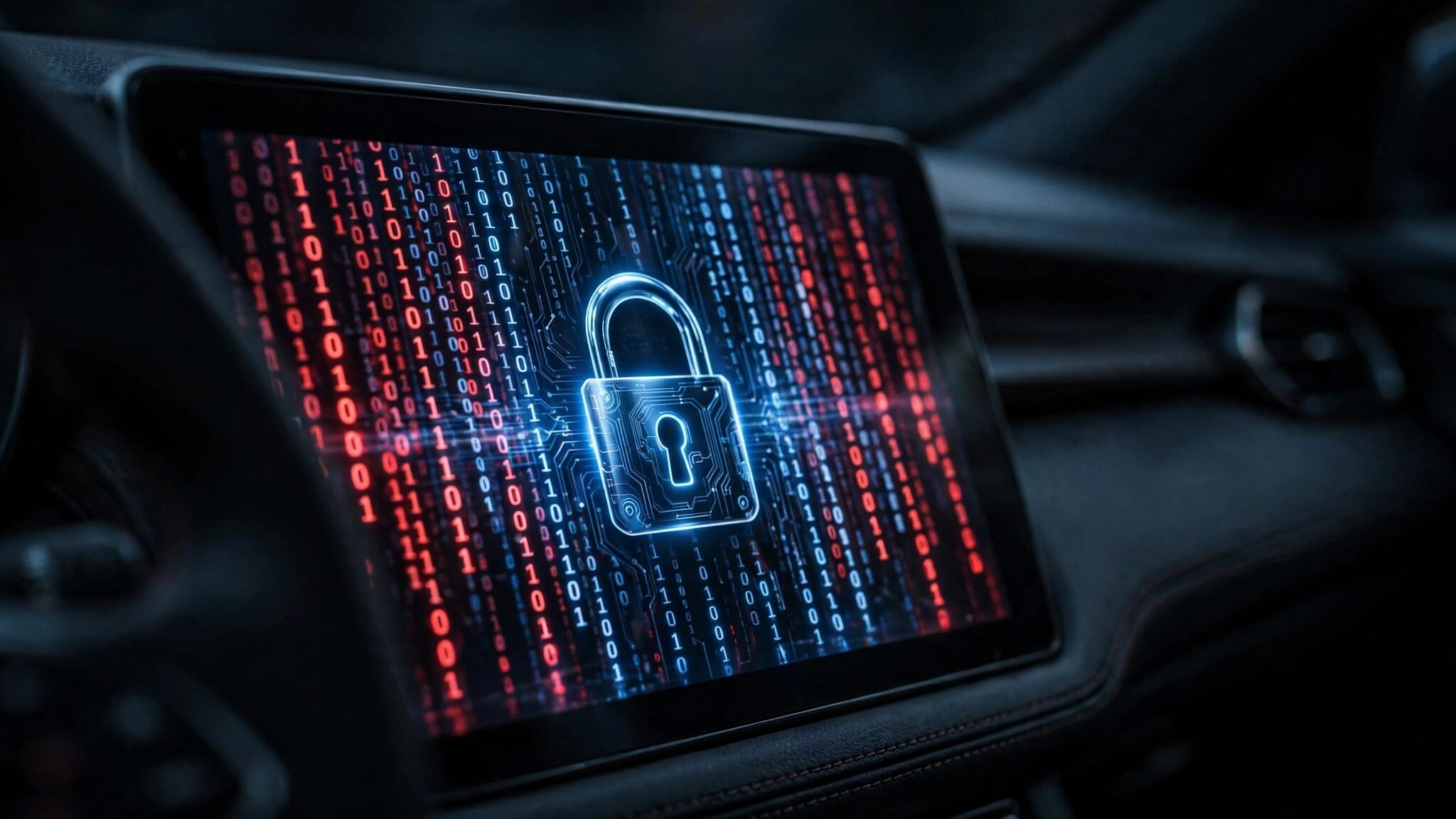 A locked padlock superimposed over a car dashboard touchscreen displaying a Chinese flag