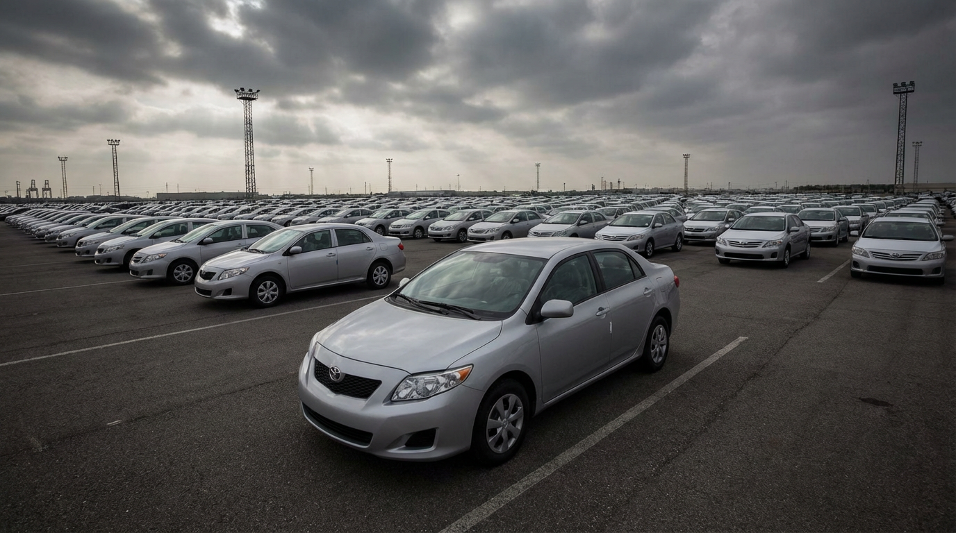 Rows of Toyota Corollas in a parking lot
