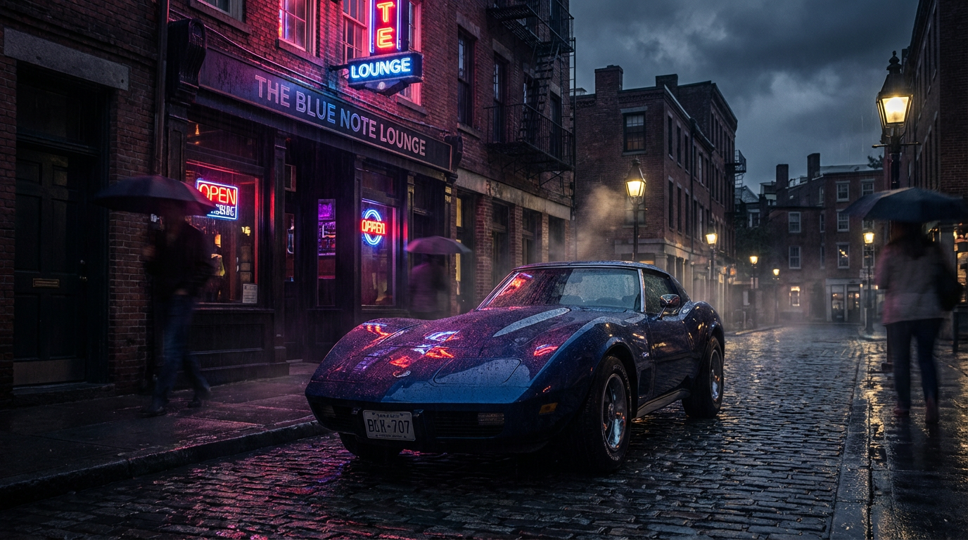 Corvette parked outside a bar at night with neon reflections