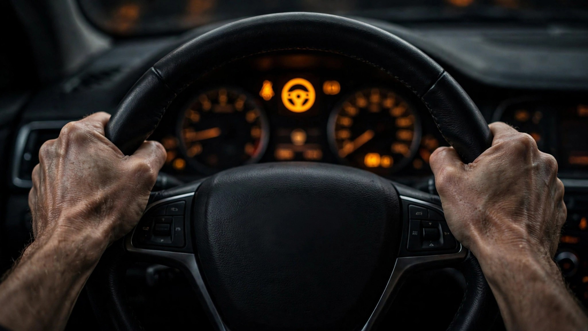 Driver gripping a steering wheel with the power steering warning light illuminated on the dashboard