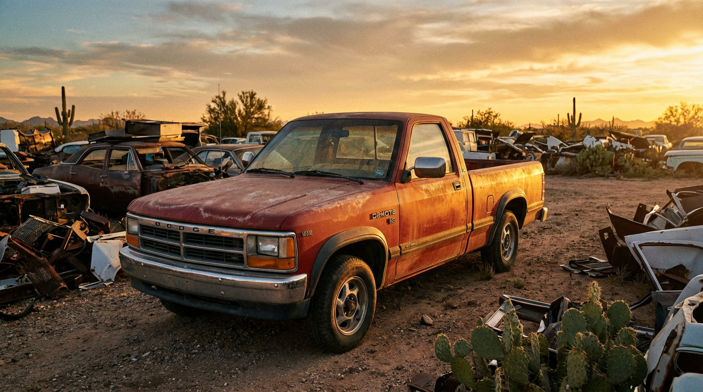 Dodge Dakota pickup truck at dusk in a desert junkyard